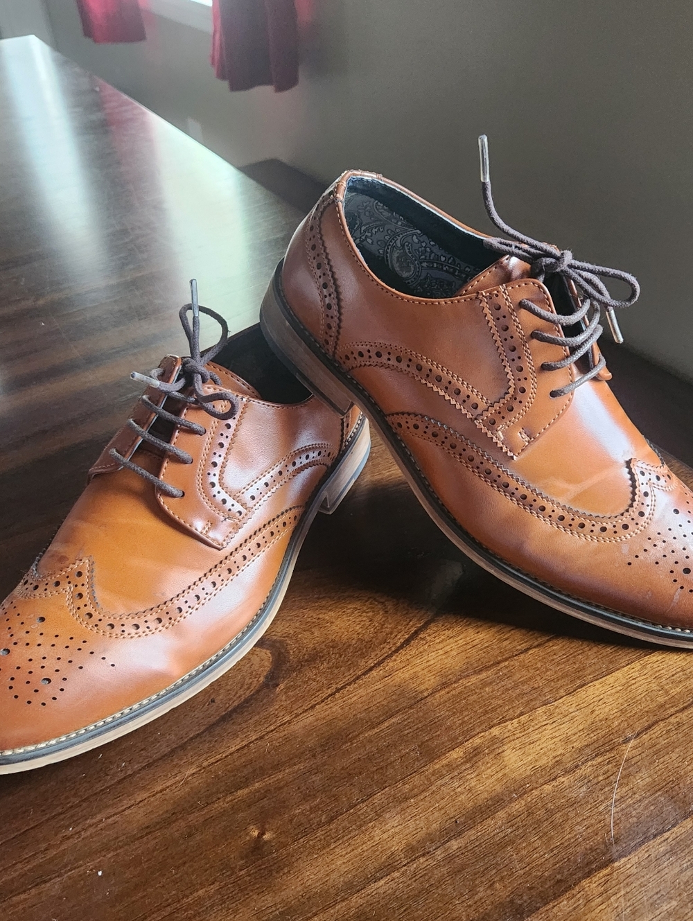 Men's Cognac Leather Wingtip Oxfords. Bruno Marc. Brown size 7 dress shoes - Picture 3 of 12
